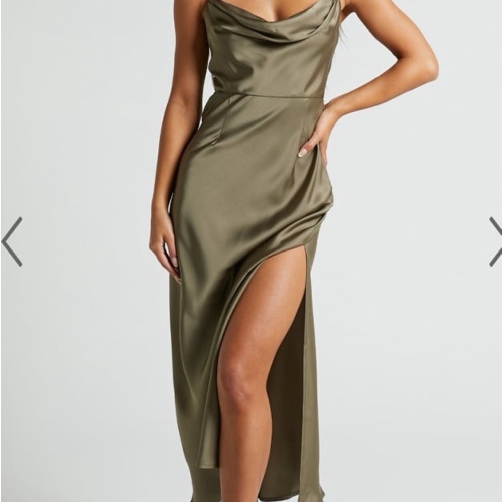 SHOWPO NYLAH COWL NECK DOUBLE STRAP SATIN SLIP MIDI DRESS IN DARK OLIVE